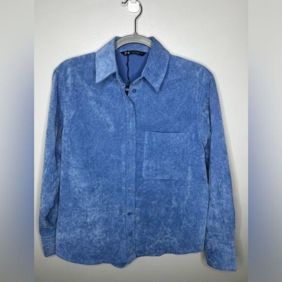 ZARA Fine-Waled Corduroy Oversized Blue Button-Up Shirt Size XS - Picture 12 of 15